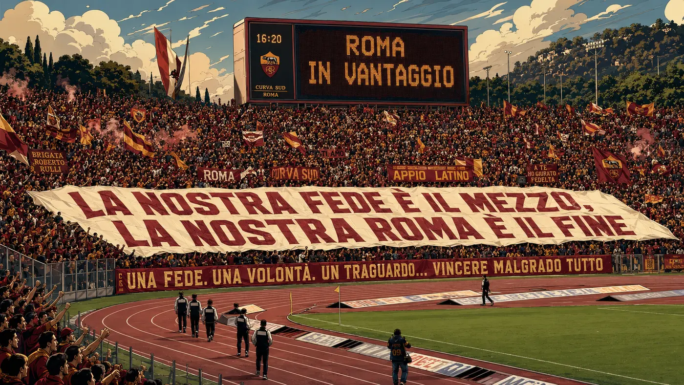 Curva romanista con striscione La nostra fede è il mezzo, la nostra Roma è il fine e tabellone Roma in vantaggio